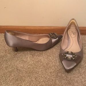 Grey silk like fabric with stone buckle